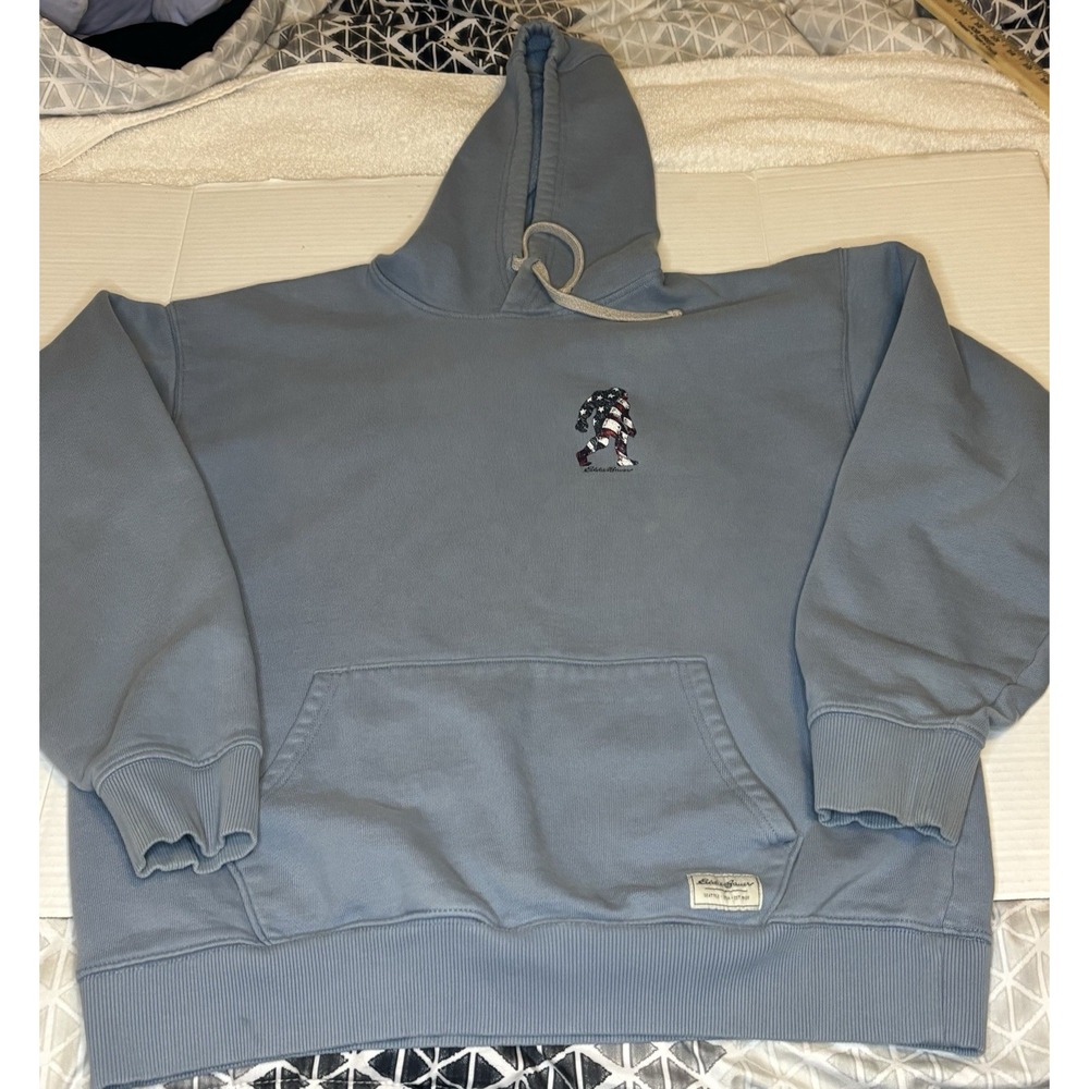 Men's Eddie Bauer Graphic Patriotic Sasquatch Pullover Hoodie Blue Sz Large